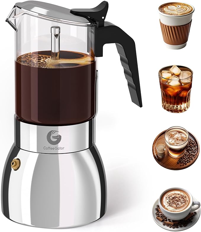 Coffee Gator 9 Cup Moka Pot, 15oz Stovetop Espresso Maker for Italian Coffee, Transparent Glass & Stainless Steel Design, Silver, 450ml