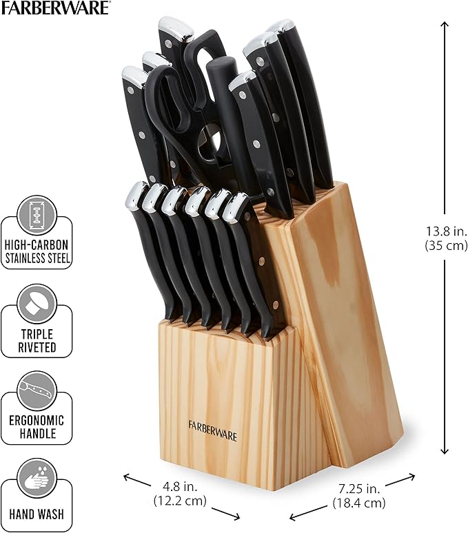 Farberware Triple Riveted Knife Block Set, 15-Piece, Black Pine, High Carbon-Stainless Steel Blades, Ergonomic Handles, Includes Natural Pinewood Block