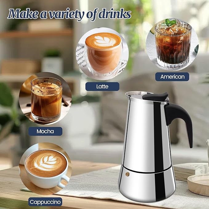 4 Cup Moka Pot Stainless Steel 200ml Italian Espresso Coffee Maker Stovetop CoffeeMakers Mocha Pot Percolator for Induction Stove Classic Cafe Makers Portable for Easy Brewing Tummy