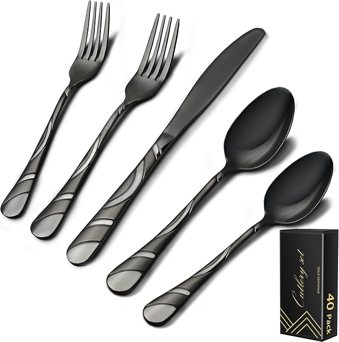 Black Silverware Set for 8, 18/0 Stainless Steel 40-Piece Frosted & Mirror Finish Flatware Set, Modern Cutlery Set for Wedding Restaurant Housewarming Party Event Serving For 8