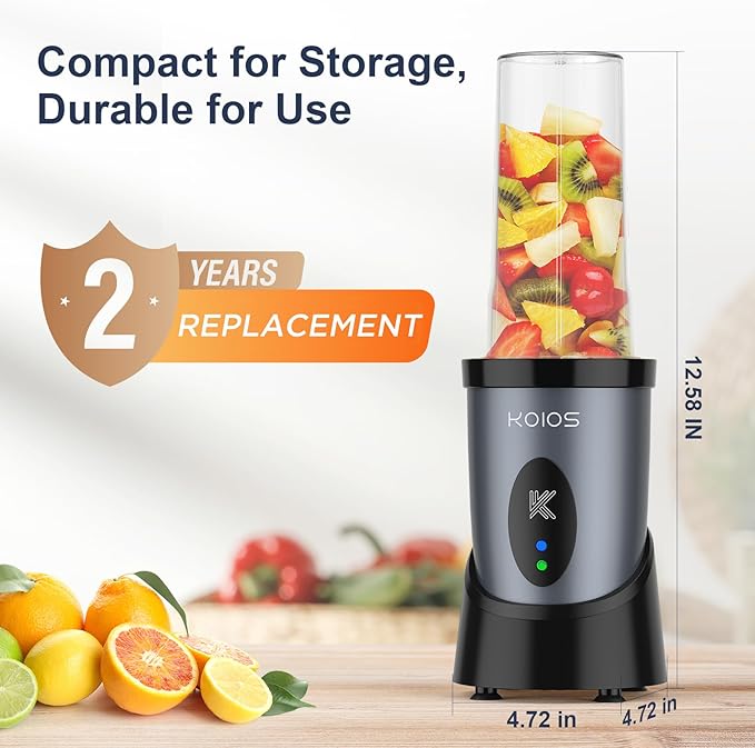 KOIOS Smoothie Blender, 900W Personal Blender for Shakes and Smoothies for Kitchen with 2 Portable Cups 22oz, Single Serve Smoothies Maker Mixer for Juices, Nutritious Recipe, Grey Blue