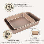 HAPPIELS Nonstick Non Toxic 9x13 in Baking Pan for oven | Cake Mold 9 x 13 Non Stick Nontoxic | Carbon Steel Gold Brownies Pans 13x9 inches | Rectangle Brownie Tray 9 by 13 inch | Baking Ware