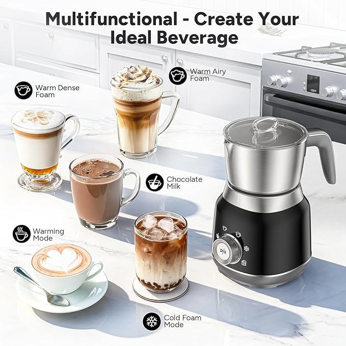 6-in-1 Electric Milk Frother and Steamer with Detachable Cups, Automatic Cold and Warm Foam Maker for Lattes/Cappuccinos/Hot Chocolate, Dishwasher Safe Black