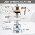Sivaphe Aluminum Moka Pot 3 Espresso Cups, Percolator Espresso and Coffee Maker, Portable Stovetop Italian and Cuban Café Brewer for Home and Camping Sliver