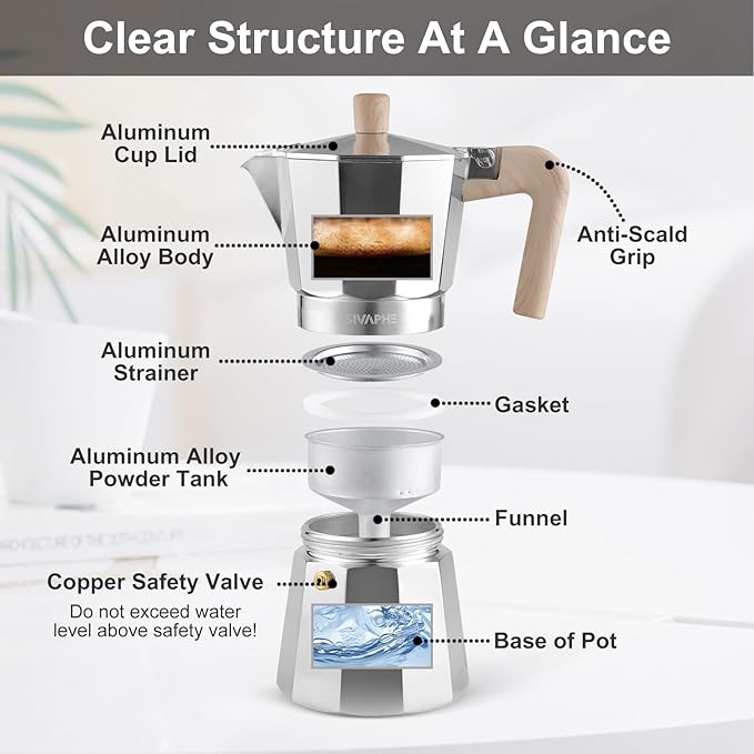 Sivaphe Aluminum Moka Pot 3 Espresso Cups, Percolator Espresso and Coffee Maker, Portable Stovetop Italian and Cuban Café Brewer for Home and Camping Sliver