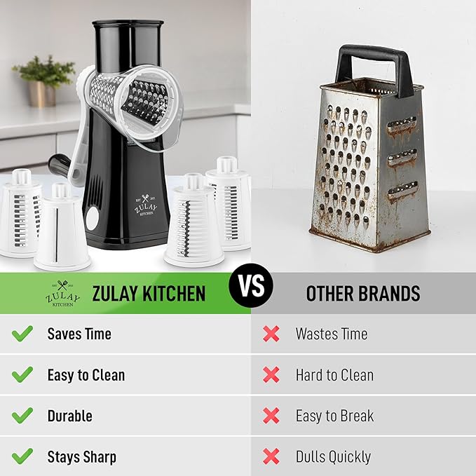 Zulay Kitchen Rotary Cheese Grater 5 Blade Cheese Shredder - Manual Hand Crank Cheese Grater With Reinforced Suction & 5 Interchangeable Drums - Easy to Use, Vegetable Chopper Round Mandoline Slicer