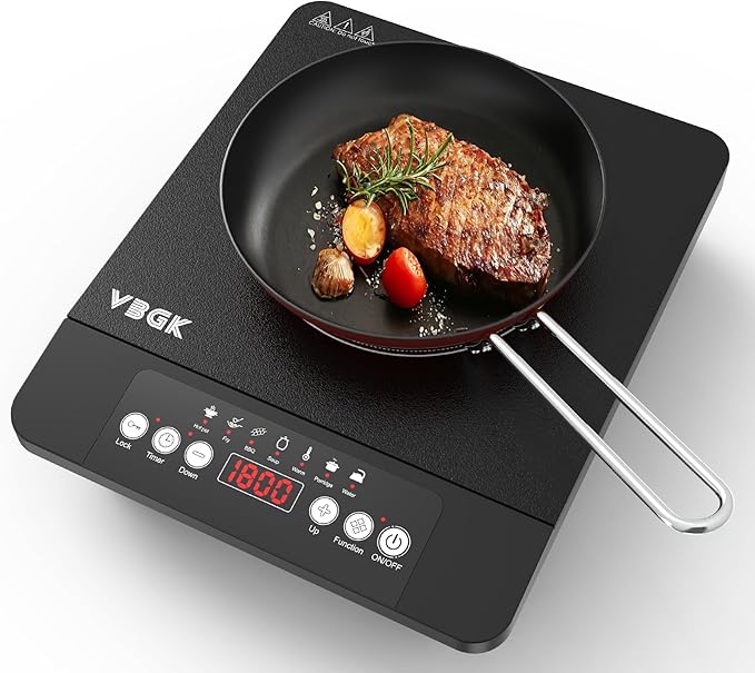 VBGK Single Burner Induction Cooktop,1800W Portable Induction Cooktop,110V Hot Plate with LCD Sensor Touch, 7 Temp Levels up to 518°F, Safety Lock, 4-Hour Timer, 9 Heat-Resistant Cooking