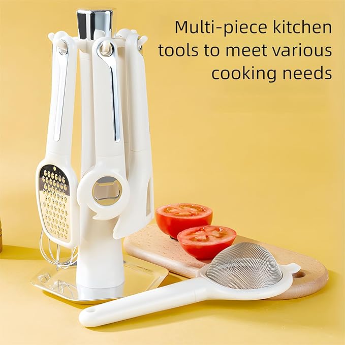7-Piece Kitchen Gadget Set, Stainless Steel Cooking Utensils Set with Holder, 7-Pieces All Metal Kitchen Utensils, 11.4’’ Long Kitchen Tools with Countertop Rotating Stand (Gray)