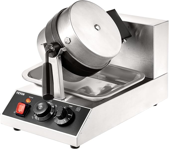 VEVOR Commercial Waffle Maker, 1300W Round Waffle Iron, Non-Stick Rotatable Waffle Baker Machine With 122-572℉ Temp Range and Time Control, Teflon-Coated Baking Pan Stainless Steel Body 120V
