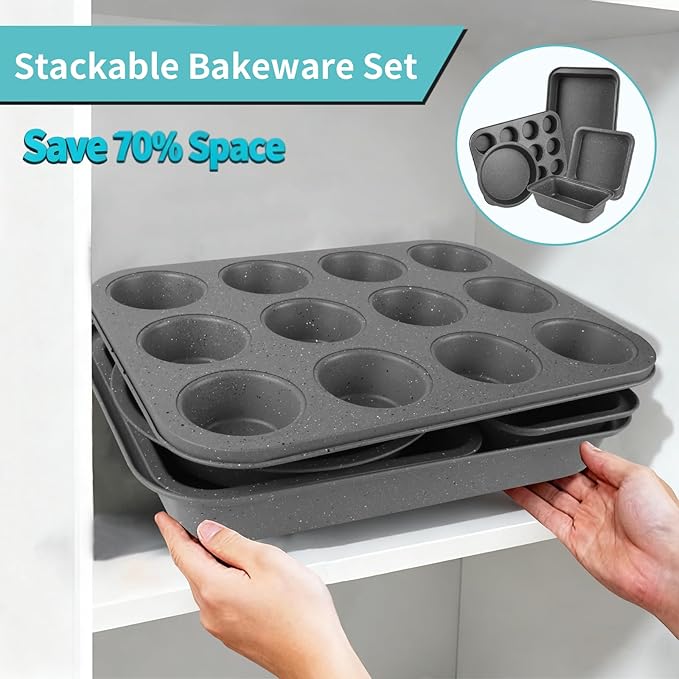 Baking Pans Set, 5 Piece Grey Marble Nonstick Bakeware with 100 Cupcake Liners – Stackable Carbon Steel Set for Small Kitchens, Apartments, Home Baking and Gifts