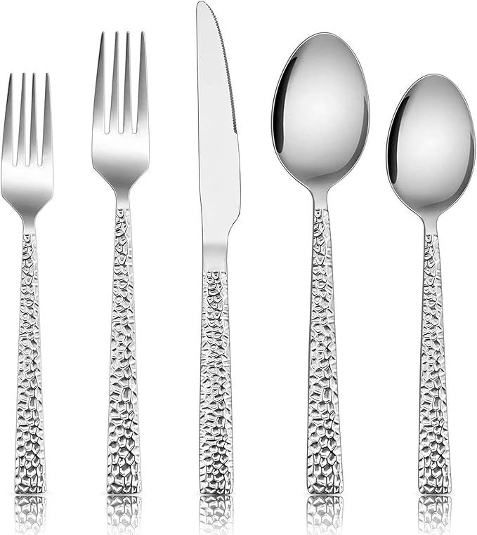 E-far 60-Piece Silverware Set, Hammered Stainless Steel Square Flatware Cutlery Set for 12, Tableware Set Eating Utensils for Home Kitchen Restaurant, Modern Design & Mirror Polished - Dishwasher Safe