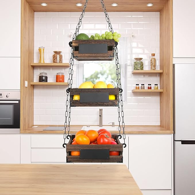 J JACKCUBE DESIGN 3-Tier Rustic Wood Hanging Fruit Basket, Kitchen Fruit, Vegetable Storage Organizer, Countertop Space Saver- Heavy Duty Metal Hooks- MK1008A