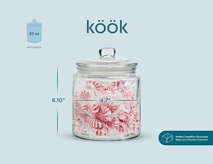KooK Glass Storage Jars with Lids - 29oz (Set of 2), Kitchen Canisters for Sugar, Cookies, Cotton Balls, Glass Containers with Chalkboard Labels and Airtight Lid
