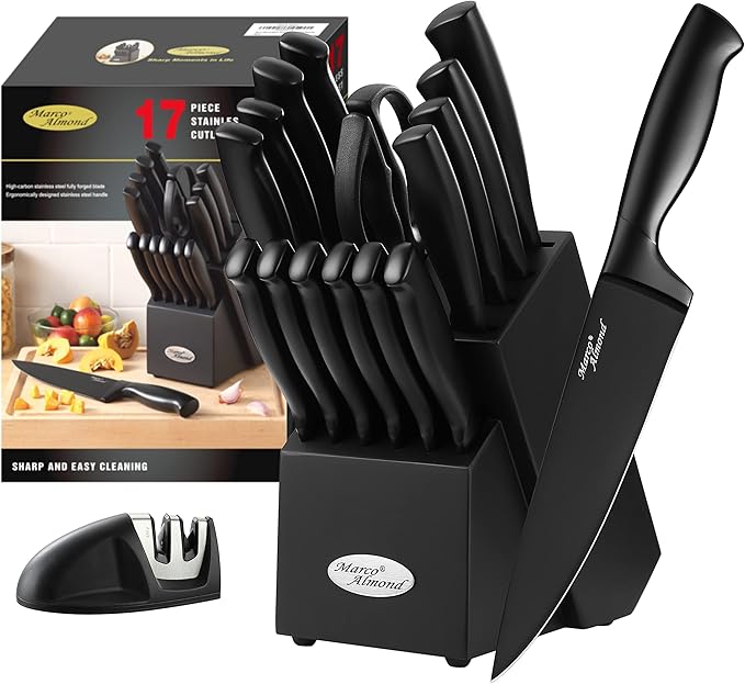 Marco Almond® Kitchen Knife Set with Block and Sharpener MA23, 17 Pieces Knife Block Set Stainless Steel Chef Black Knives Set for Kitchen
