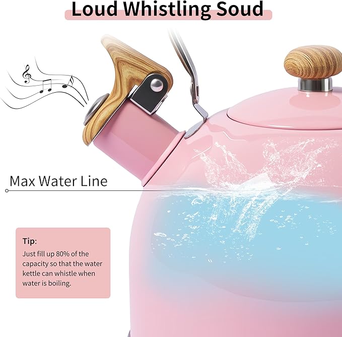 LONFFERY Tea Kettle, 2.5 Quart Whistling Tea Kettle, Tea Pots for Stove Top Food Grade Stainless Steel with Wood Pattern Folding Handle - Pink