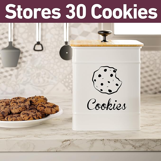 Cookie Jar with Airtight Lid - 1 Gallon - 6"D x 8"H White Iron Cookie Tin with Bamboo Lid - Large Cookie Jars with Lids Airtight - Farmhouse Cookie Jars for Kitchen Counter Decorative - Cookies Jar