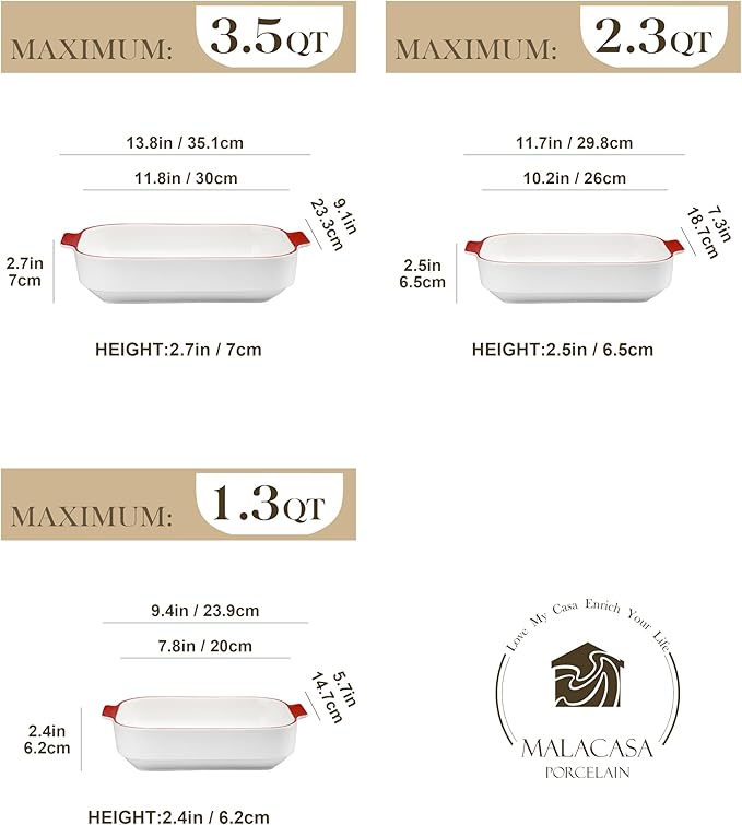 MALACASA Casserole Dishes for Oven, Ceramic Baking Dishes Set of 3, Rectangular Lasagna Pan Deep Baking Pans, Bakeware Sets with Handles Gift Set, White with Red Trim (13.8''/11.7''/9.4''), Series BAKE
