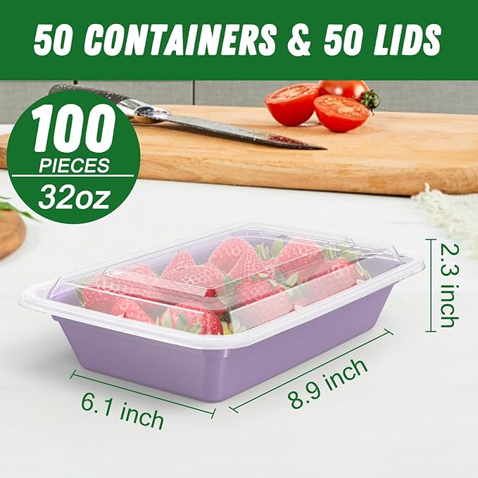 50 Pack (100-Piece) 32 oz Meal Prep Containers Reusable with Easy Open Lids, Sturdy Leakproof Food Safe, Microwave Freezer Dishwasher Safe, To Go Take Out Plastic Food Storage Pans with Lids, Lilac