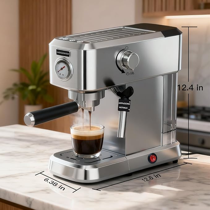 Espresso Machine 20 Bar, Compact Stainless Steel Coffee Maker with Steam Milk Frother & Removable Tank for Cappuccino, Latte - Silver
