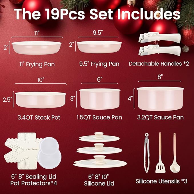 Chef Power Ceramic Nonstick Pots and Pans Set 19 Piece with Detachable Handle, Induction Dishwasher Oven Safe Cookware Set, RV Kitchen Set Removable Handle (Light Pink)