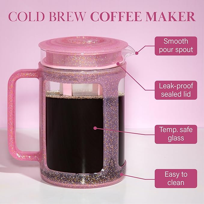 Paris Hilton Cold Brew Coffee Maker, Durable 1.6 Quart Borosilicate Glass Carafe with Stainless Steel Filter, Glitter Pink, 38 oz