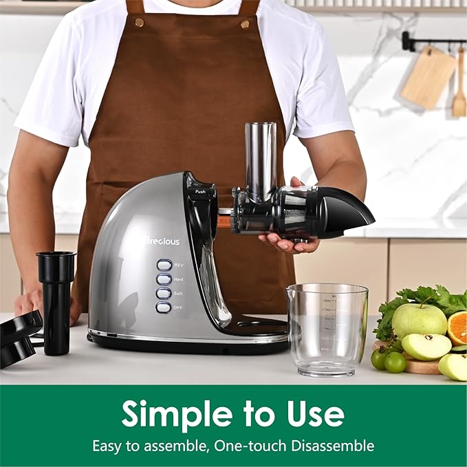 Slow Masticating Juicer,Brecious Cold Press Juicers with 2 Speed Modes & Quiet Motor,Juicers Machines Vegetable and Fruit with Reverse Function,Celery Juicer,BPA-Free,Easy to Clean (Silver)