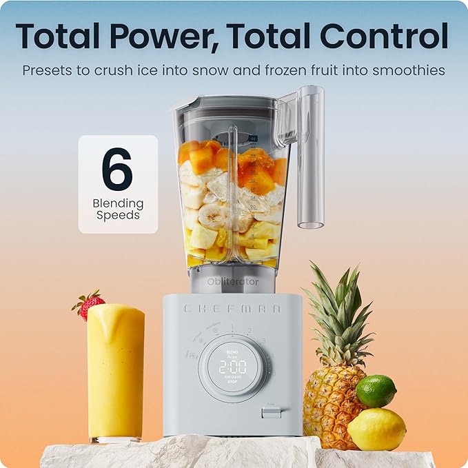 Chefman Obliterator 48 oz Countertop Blender for Smoothies, 1380W Motor to Crush Ice, Nuts, and Frozen Fruit with Stainless Steel Blade, Auto Blend Function, Includes Tamper and Scraper