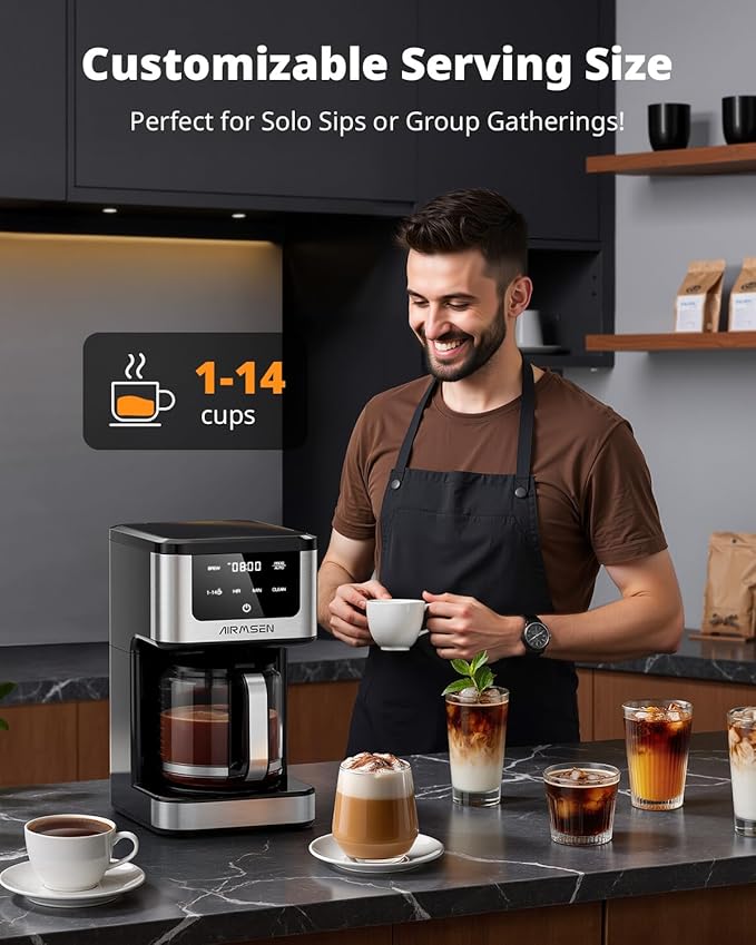 AIRMSEN 14-Cup Programmable Drip Coffee Maker – 1000W Fast Brewing Coffee Machine with Timer, Delay Start & 2H Keep-Warm, 73oz Tank, Touchscreen & Glass Carafe – Perfect for Home & Office Use