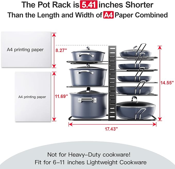 ORDORA Pots and Pans Organizer under Cabinet 14.55 Height, Adjustable 8-Tier Pot Organizers inside Cabinet, Kitchen Organizers and Storage Fit 6-11 inch Lightweight Cookware