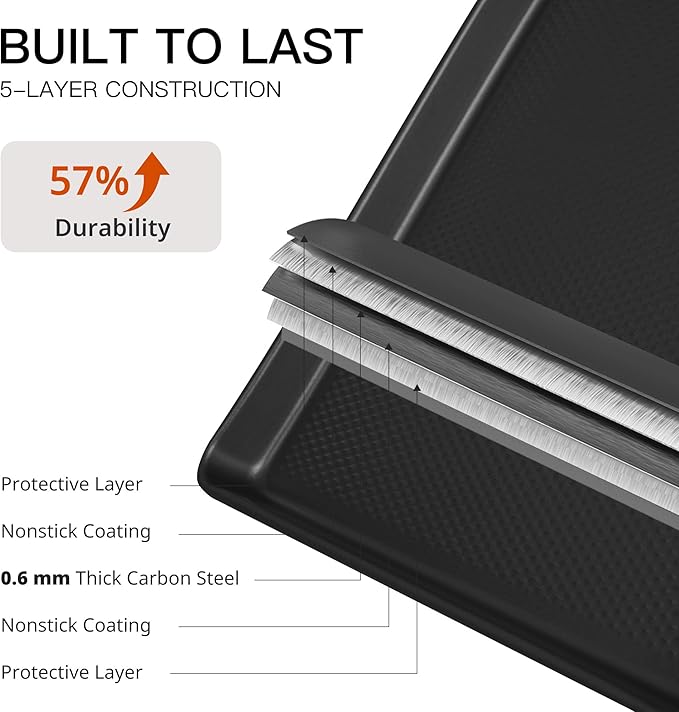 HONGBAKE 2 Pack Half Sheet Pan Set, 1/2 Cookie Sheets for Baking with Diamond Texture, 17.5" x 12" Large Baking Sheets Non Stick, Non Toxic Oven Trays for Cooking, 57% Thicker Carbon Steel, Dark Gray