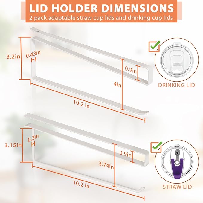 2 Pack Tumbler Lid Organizer, Horizontal Tumbler Lid Storage Hook Up to 20 Lids, Space Saving Cup Lid Holder Under Cabinet Tumbler Lid Hook for Kitchen Organizer, Paper Towel Hanger(Round&Flat, White)
