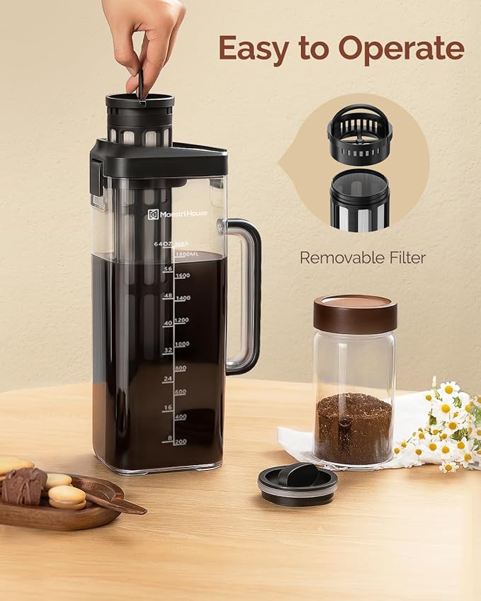 Maestri House Compact Cold Brew Coffee Maker, 64oz Iced Tea and Coffee Maker Brewer Space Saving Tritan Pitcher, 350 Mesh Filter, 100% Leak-Proof