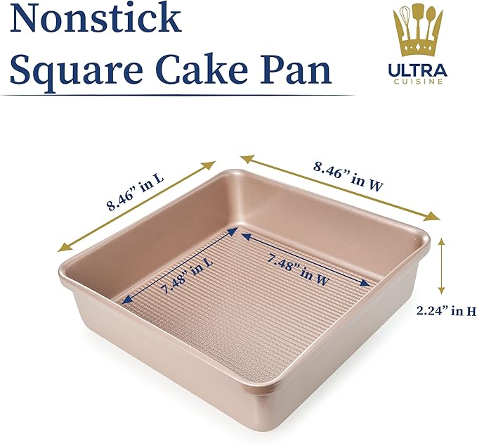 Ultra Cuisine Nonstick Square Cake Pan, Even Baking and Roasting, Easy to Clean, Durable Quality, Warp & Scratch Resistant Texture for Easy Release, Food-Safe, Size 8 x 8 inch