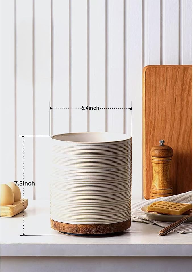Utensil Holder, 360° Rotating Extra Large Ceramic Kitchen Utensil Holder for Countertop, 7.3“ Cooking Utensil Crocks for Kitchen Counter with Rotatable Wooden Base, Farmhouse Decor, Arctic White