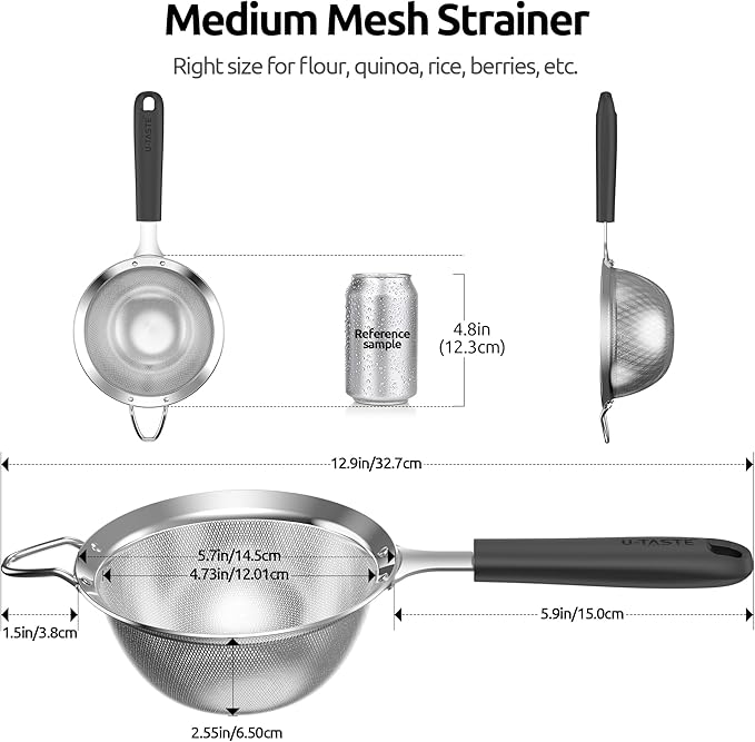 U-Taste Medium Fine Mesh Strainer: 18/8 Stainless Steel 4.73in 30 Mesh Kitchen Food Sieve with Sturdy Riveted Silicone Handle, Heavy Duty Deep Handheld Metal Colander for Rice, Quinoa, Flour (Black)