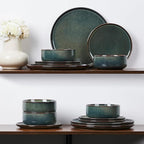 E-far 6-Piece Plates and Bowls Set, Stoneware Dinnerware Sets for 2, Ceramic Dishes Reactive Glaze Dinning Ware, Microwave & Dishwasher Safe - Obsidian Green