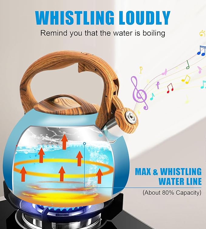 Tea Kettle, 3.2Qt/3Liter Whistling Kettle,Food Grade Cool Handle Tea pot,One-Button Switch, Apply to Various Stovetops, Coffee/Tea (Sky Blue Gradient)