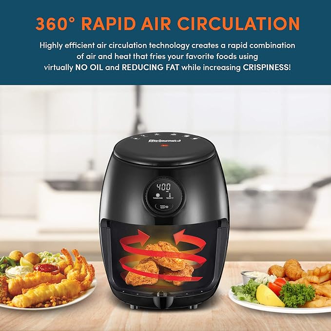 Elite Gourmet EAF-2612DX Personal 2.1Qt Compact Space Saving Programmable Hot Air Fryer, Oil-Less Healthy Cooker, Timer & Temperature Controls, 1000W, Black