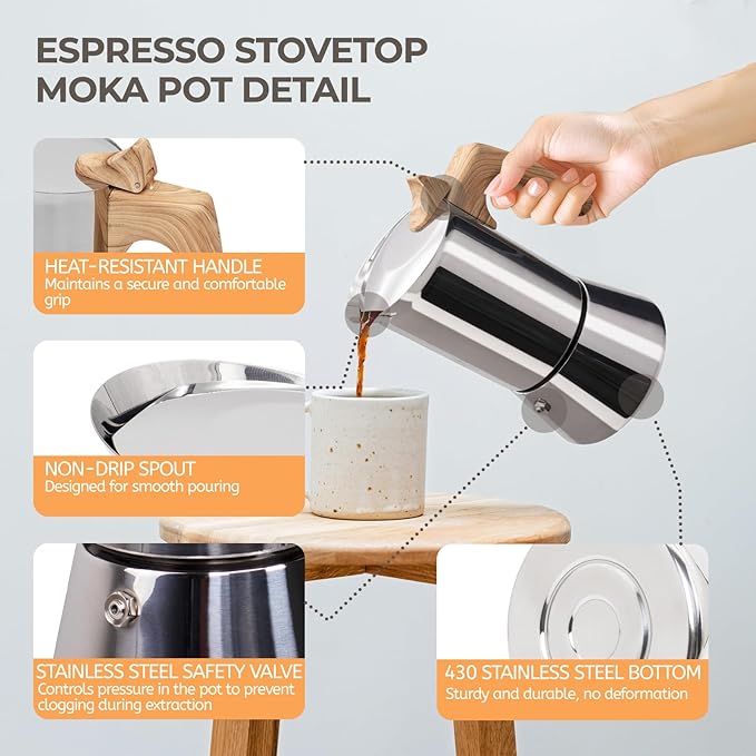 Uncoated 4 Cup Moka Pot 304 Thickened Stainless Steel Coffee Maker Stovetop Espresso Coffeemaker Italian Classic Style Brewing Greca Cafe Mocha Machine for Cafeteras Camping Travel Home 200ml 6.6oz