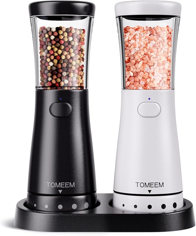 Electric Salt and Pepper Grinder Set with Storage Base, Stainless Steel Rechargeable Salt and Pepper Grinder Set with 4.5 oz Large Capacity, 1.8" Wide Mouth, Adjustable Coarseness, Ideal for Kitchen