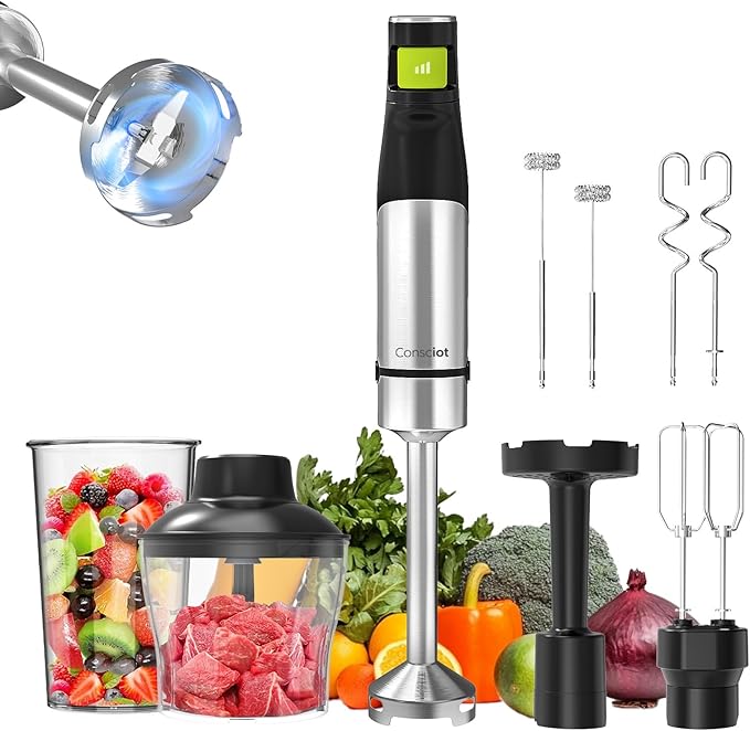 Consciot 7-in-1 Immersion Blender Handheld Max 1100W, Stick Emulsifier with Entire Stainless Steel Blender Shaft, Trigger Speed Control, 800ml Beaker, 600ml Chopper, Beaters, Frothers, Hooks & Masher