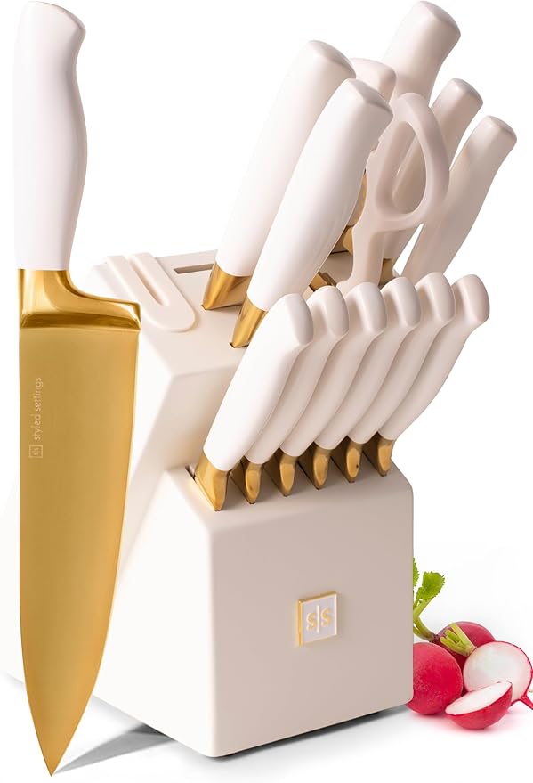 White and Gold Knife Set with Block - 14-Piece White Knife Set with Block and Built-In Sharpener – Titanium-Coated High Carbon Stainless Steel Blades - Gold Kitchen Accessories - Great for Gifting