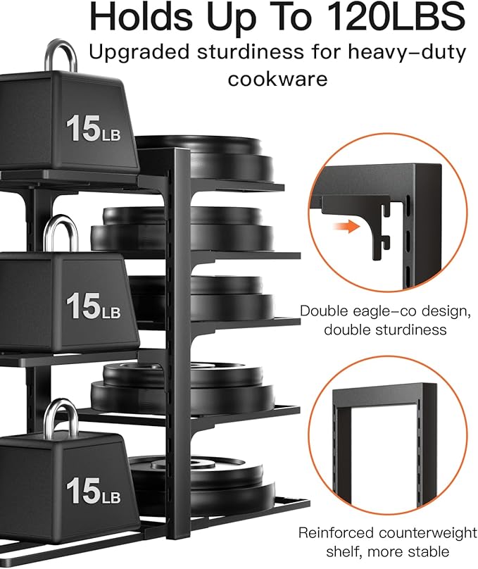 ORDORA Pots and Pans Organizer Rack for Cabinet, 15.83" Height 8-Tier Heavy Duty 120LBS Pot Pan Organizer under Cabinet Adjustable for Dutch Oven, Cast-iron Pan, Heavy Skillets Griddles, Shallow Pot