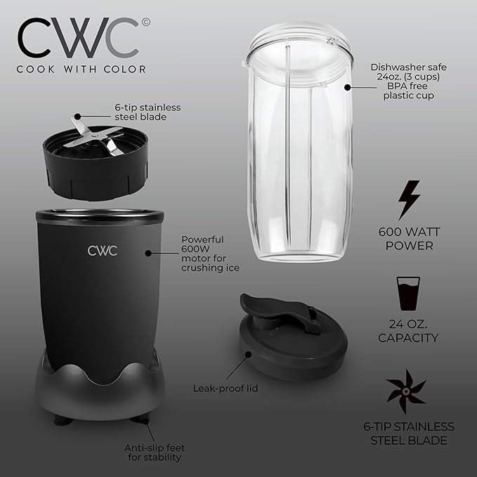 COOK WITH COLOR Personal Power Blender 600W, 24oz Capacity, BPA-Free Jar, Ice-Crushing Blades, Ideal for Smoothies & More, Anti-Slip Feet, Easy to Clean, Black