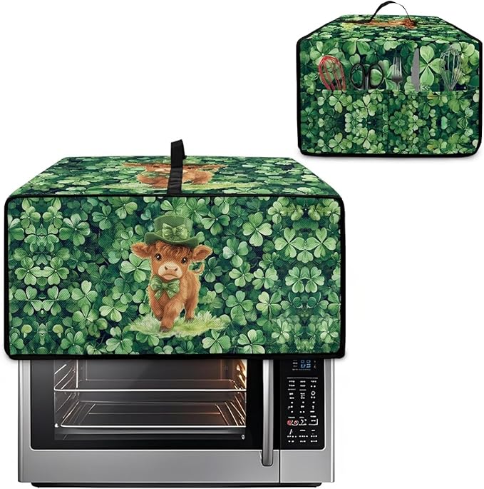 Highland Cow Four Leaf Clover Print Toaster Oven Cover Microwave Cover for Kitchen Countertop Appliance Dust Protector Decorative Oven Accessories for St. Patrick's Day Decor, Green, M