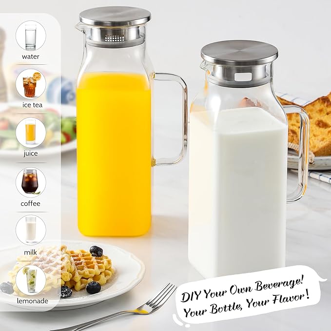 Netany 4 Pack 2 Liters/68 oz Square Glass Pitcher with Lid and Handle for Fridge, Iced Tea and Coffee Carafe Beverage Serveware, Heat Resistant Borosilicate Water Jug for Hot/Cold Drinks and Milk