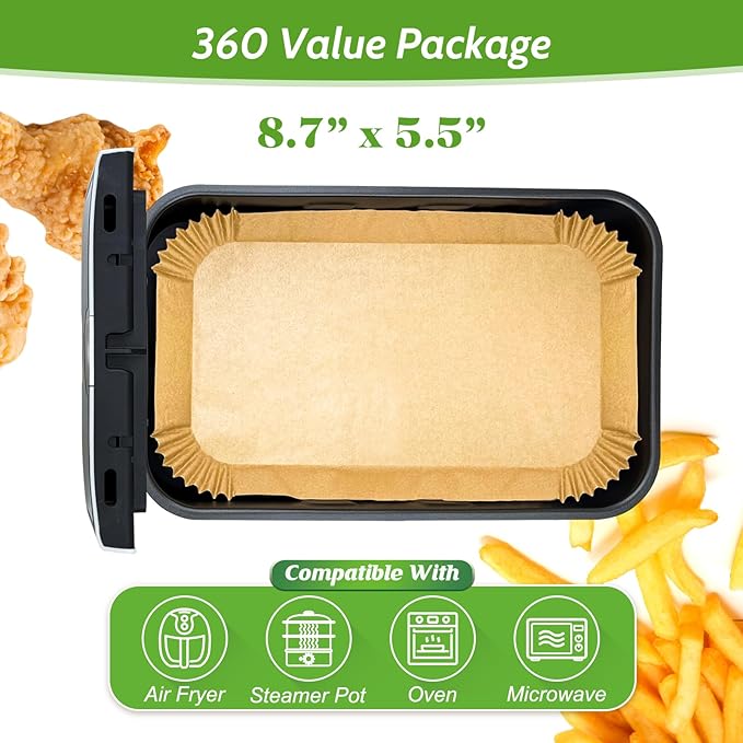360 Pcs 8.7" x 5.5" Unbleached Heavy Duty Air Fryer Paper Liners Disposable, Non-Stick & Non-Leak Parchment Paper Liners for Airfryer Basket, Deep Fryer Parts & Accessories