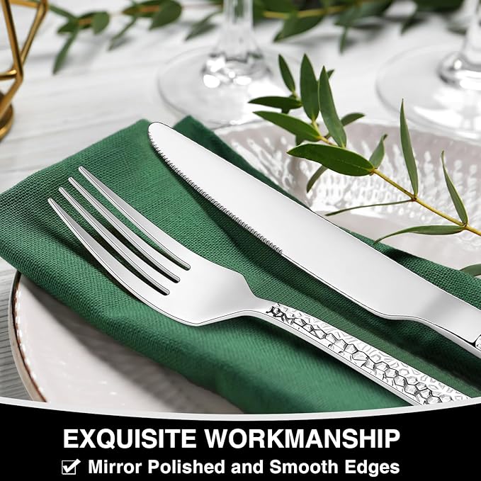 Hammered Silverware Set, 40-Piece Stainless Steel Square Flatware Set for 8, Food-Grade Tableware Cutlery Set, Utensil Sets for Home Restaurant, Mirror Finish, Dishwasher Safe