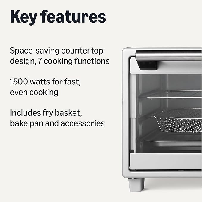 Amazon Basics 6-Slice 23-QT Toaster Oven with Built-In Air Fryer, 7-In-1 Cooking Options, 60-Min Timer & Adjustable Temperature (200℉ - 450℉), With Accessories, 1500W, Stainless Steel, Silver/Gray