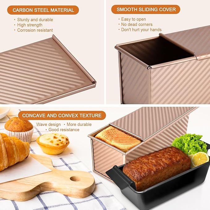 Pullman Loaf Pan with Lid + Non-Stick Meatloaf Pan with Draining Insert, Carbon Steel Bakeware with Scraper & Brush, 2LB Baking Pans for Homemade Bread & Meatloaf